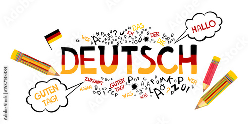 Deutsch. Translation: "German". Learning German Online education concept. German language hand drawn doodles and lettering. Language education Vector illustration for education, foreign language study
