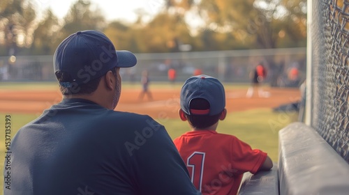 Father and son watching youth baseball game from bleachers family time at sporting event together outdoor activity
