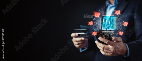 businessman hold a credit card and smartphone display glowing AI and shopping cart icons, symbol artificial intelligence integration in online shopping, digital payment, and smart e-commerce systems.