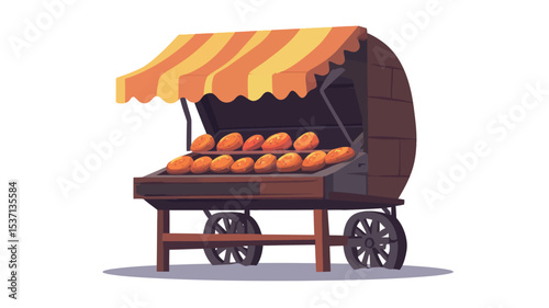 A digital illustration depicting a wooden fruit stand cart with a striped yellow and orange awning. The cart is filled with numerous oranges, and it has four wheels. The style is cartoonish/vector