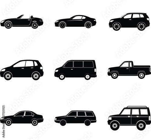 Body Type Vehicle Silhouette Vector Collection – Variety of Car Designs Including Sedan, SUV, Hatchback, Coupe, Van, Convertible, and Pickup for Automotive Design Themes

