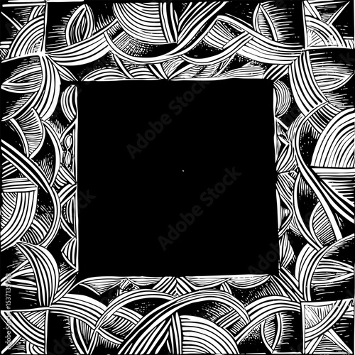 Monochrome Square Frame Composed of Abstract Interwoven Lines and Shapes