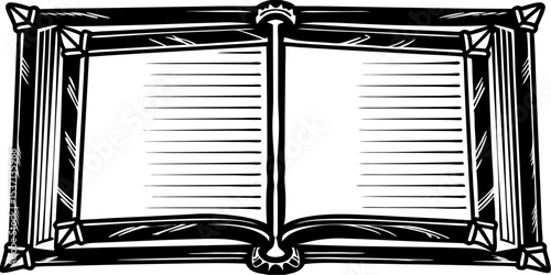 Intricate Vintage Open Book Illustration with Ornamental Frame Design