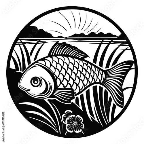 Black and white large mouth bass fish silheoute vector design