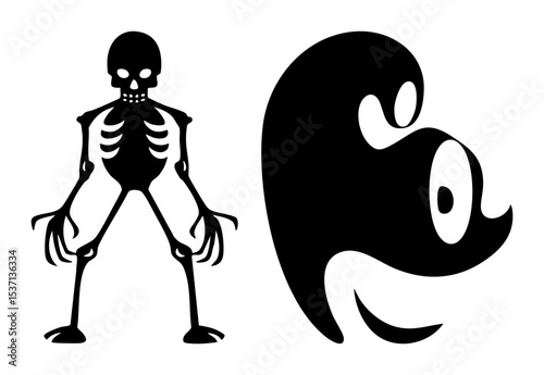 Vector Playful skeleton and spooky ghost vector .