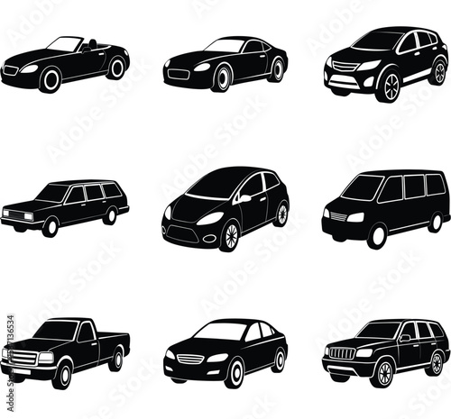 Body Type Vehicle Silhouette Vector Collection – Variety of Car Designs Including Sedan, SUV, Hatchback, Coupe, Van, Convertible, and Pickup for Automotive Design Themes

