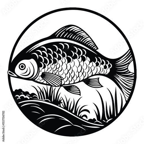 Black and white large mouth bass fish silheoute vector design