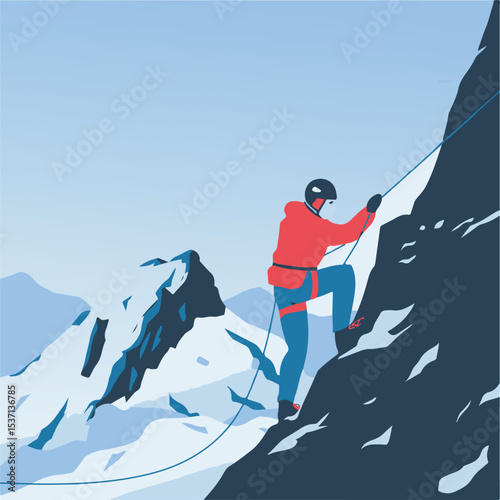 Climber scaling a rocky mountain peak under a blue sky