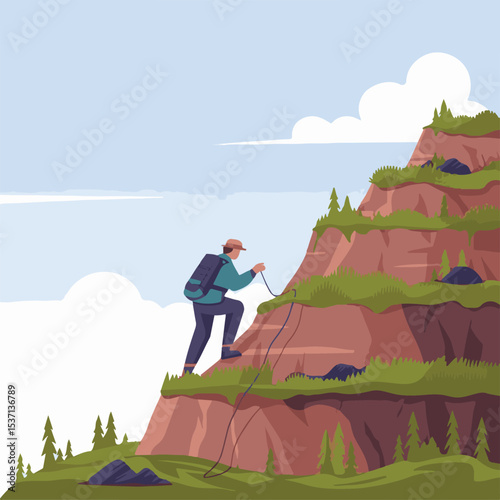Adventurous Hiker Climbing a Mountain