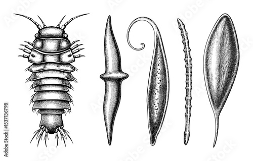 Vector Detailed of aquatic invertebrates including a segmented worm and various single-celled organisms.