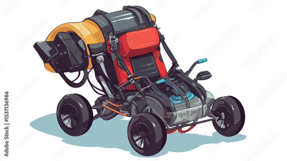 Fototapeta premium The image is a digital illustration depicting a stylized go-kart with an attached large, yellow, circular piece of equipment that resembles a saw or cutting tool. The go-kart is predominantly