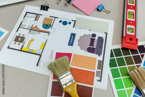 color palette guide catalog with colour swatches with home floor plans, building blueprint projects