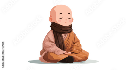 Digital illustration of a young, bald monk depicted in a seated meditation posture.  The monk is wearing a simple brown robe and a brown scarf. The style is cartoonish with soft shading and a