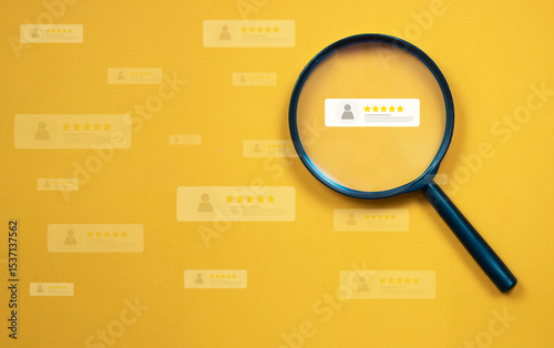 A magnifying glass zooms in on a user review section, representing customer satisfaction evaluation, rating feedback, user experience analysis, and online reputation management.