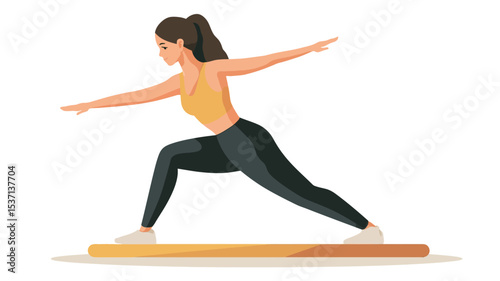 A digital illustration of a young woman with brown hair in a ponytail performing a dynamic lunge pose, possibly yoga or pilates. She is wearing a yellow tank top and black leggings and white shoes.