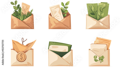 A digital illustration showcasing six different envelopes in a flat design style. Each envelope is depicted in light beige or off-white, with various contents visible inside. These contents include