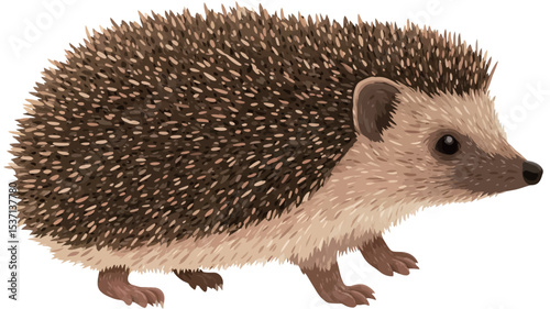 A digital illustration of a European hedgehog (Erinaceus europaeus) viewed from the side against a white background. The hedgehog is depicted in a profile view, showcasing its characteristic brown