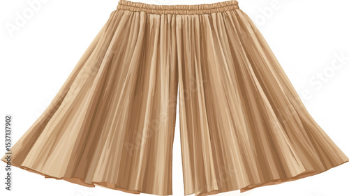 Close-up studio shot of a pair of women's gold pleated culottes. The culottes are made of a lightweight, possibly silky or satin-like fabric.  The pleats are evenly spaced and run vertically from