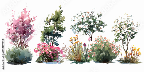 Blue blossoms and green leaves with watercolor on white.  featuring blooming plants that enhance any garden or floral arrangement,