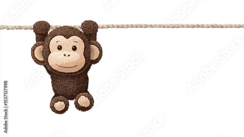 Close-up shot of a brown plush monkey toy hanging from a beige rope against a pure white background. The monkey is depicted in a sitting position, with its arms seemingly gripping the rope. 