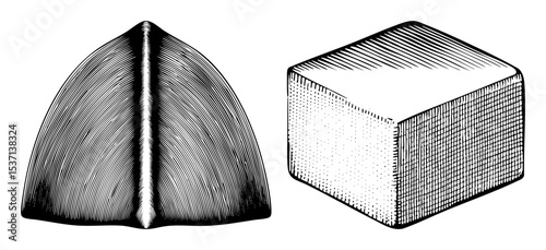 Vector Geometric shapes featuring a conical and cubic form in engraved style.
