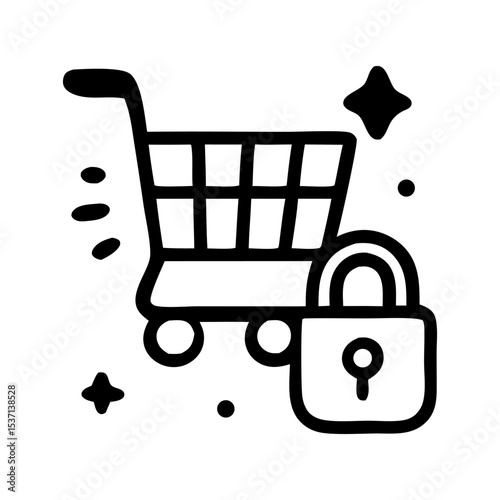 Shopping cart icon with a padlock, representing secure online transactions.