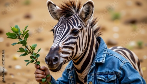 adventurous zebra in a blue jean jacket, holding a green acacia leaf, in a wild style, cool savanna hues, playful design, energetic close up composition, high resolution