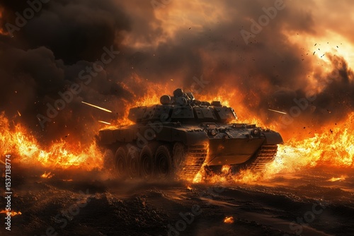 The armored vehicle navigates through the minefield during the war, creating a dramatic scene of flames. The poster, featuring a wide design, includes a space for the caption.