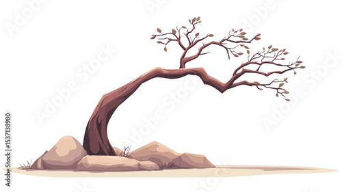 A digital illustration depicting a stylized, bare tree with a curved trunk bending to the right. The tree is rendered in a painterly style with muted reddish-brown tones for the trunk and branches.
