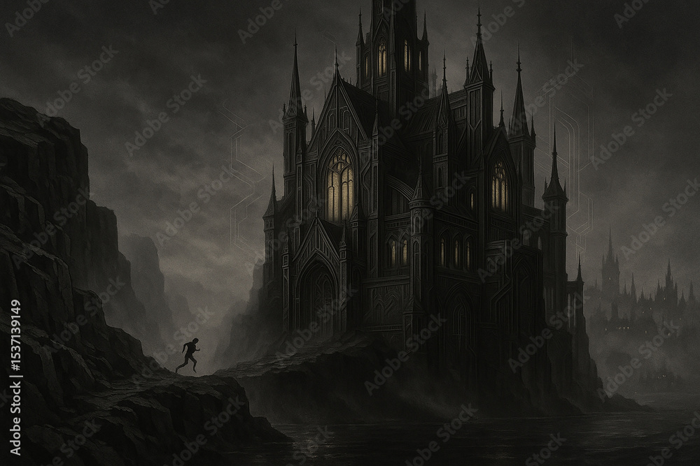 Obraz premium cathedral, man, running, cliff, sea, night, dark, church, gothic, medieval, religion