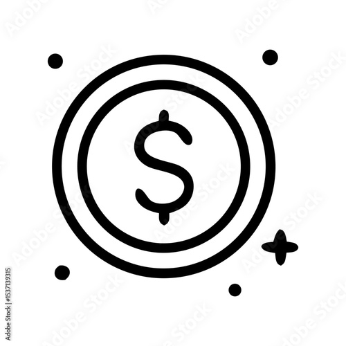 A coin with a dollar sign in the center, surrounded by sparkles and dots.