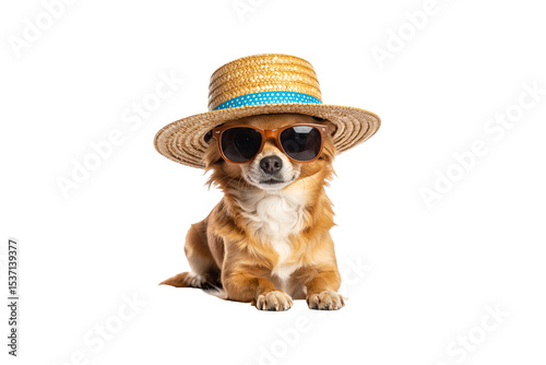 Adorable Chihuahua Dog Wearing Brown Sunglasses and Hat. Summer Vibes. Transparent Background. Png.