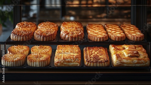 Baked goods display.  Assorted pastries, tarts, and pies
