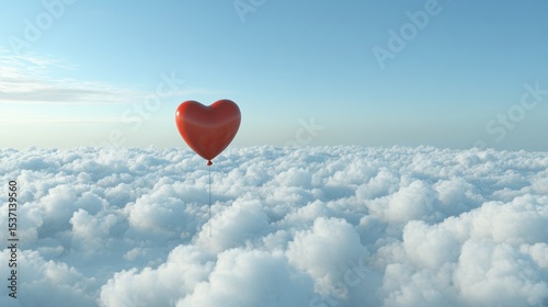 Fototapeta Naklejka Na Ścianę i Meble -  Heart-shaped balloon floating above a sea of clouds under a clear blue sky