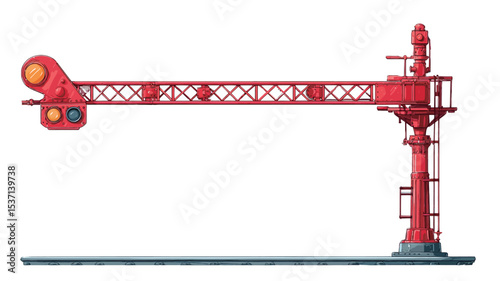 The image shows a detailed close-up of a red railway signal system against a plain white background. The signal is composed of a long horizontal beam supported by a vertical post