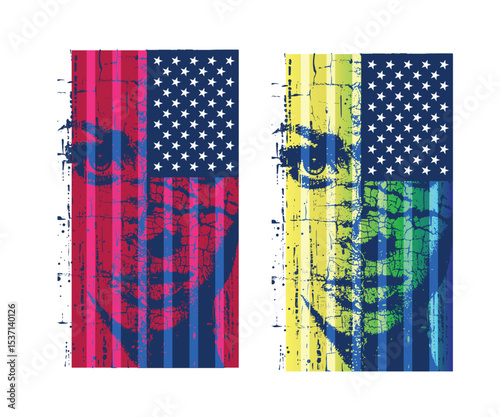 Abstract Faces Overlaid on Distressed American and Pride Flags