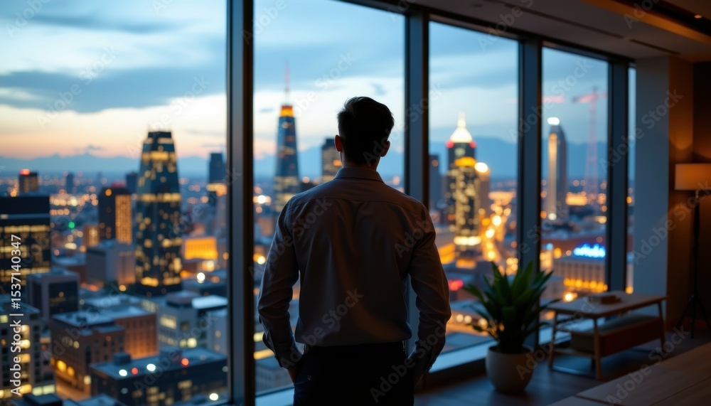 Fototapeta premium Young Businessman Standing in Modern Office Overlooking Cityscape at Dusk Professional Environment Ambition