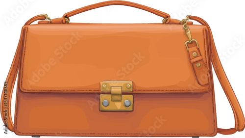 A close-up studio shot of an orange leather handbag. The bag is rectangular with a top handle and a detachable shoulder strap. It features gold-colored hardware, including a clasp closure and strap