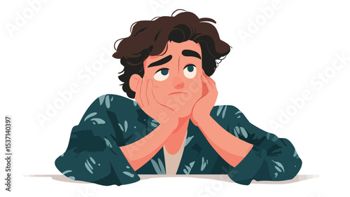 A digital illustration of a young man with brown hair, shown from the chest up. He is leaning forward, resting his chin on his hands, and looking upward with a pensive expression. 