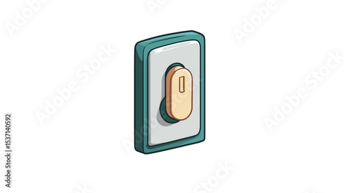 A digital illustration depicting a light switch in an isometric perspective. The switch is rectangular with a teal border and a light grey background.  A light beige, vertically oriented
