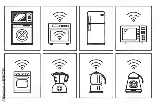smart home appliances with wifi connection in line art style isolated on white background.