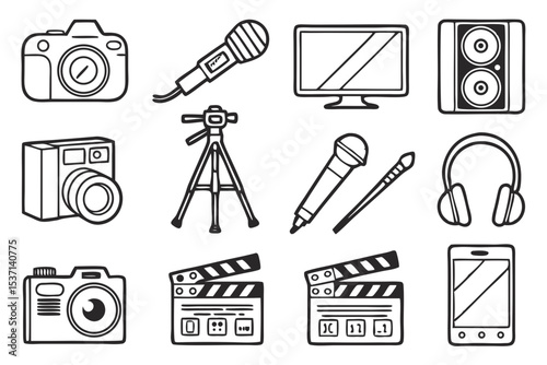 line art icons representing media and production tools isolated on white background.