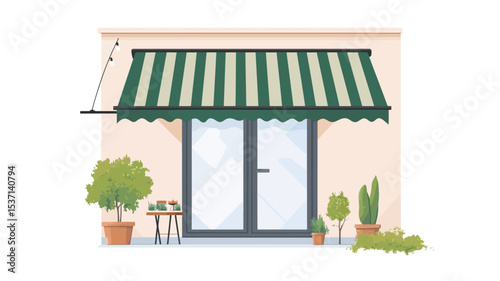 A digital illustration depicts a storefront with a green and beige striped awning extending over a set of double glass doors.  The building's exterior is a light beige or cream color. 