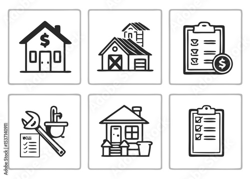 grid of six black and white line art icons related to homeownership, renovation, and costs isolated on white background.