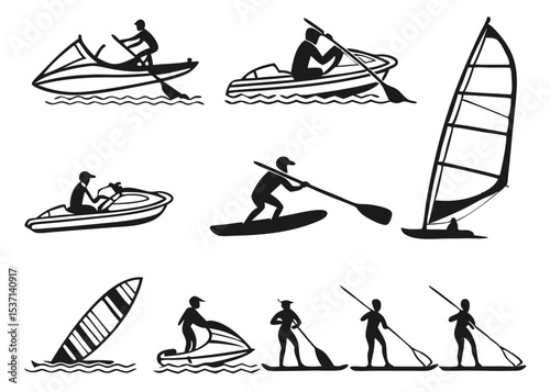 silhouettes of people on the beach, Black and white silhouettes depict various water sports activities, including jet skiing, paddleboarding, and windsurfing.