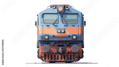 The image is a close-up, front view shot of a diesel locomotive. The locomotive is predominantly blue with orange accents.  The image shows details of the front of the locomotive