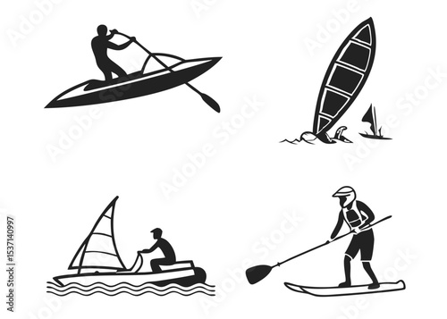 silhouette of a man with a surfboard a collection of black silhouettes depicting various water sports isolated on white background.