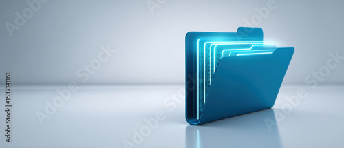 Digital folder with glowing data files inside, symbolizing secure information storage and advanced technology in clean environment