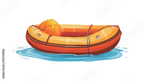 A digital illustration of an orange and red inflatable raft floating on blue water. The raft is shown from a three-quarter view, with a small yellow object resembling a bag or container secured on