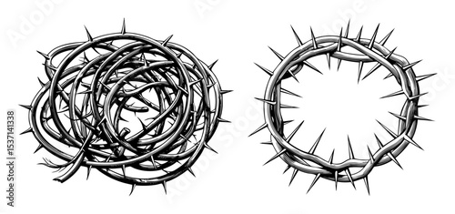 Vector Detailed thorn crowns with sharp spikes showcasing religious symbolism.